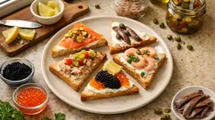 Jultartiner på 10 minuter: fem små snittar med lax, rom och räkor