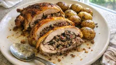 Fylld pärlhöna med svamp och speck – rostad småpotatis i samma form