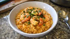 Krämig risotto med pumpa och räkor – så får du den där lena känslan hemma